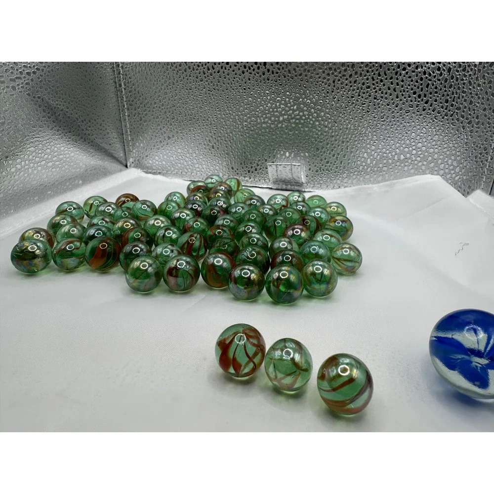 Vintage Glass‎ Marbles Lot 73 Green Swirl + Blue Shooter Mixed Sizes